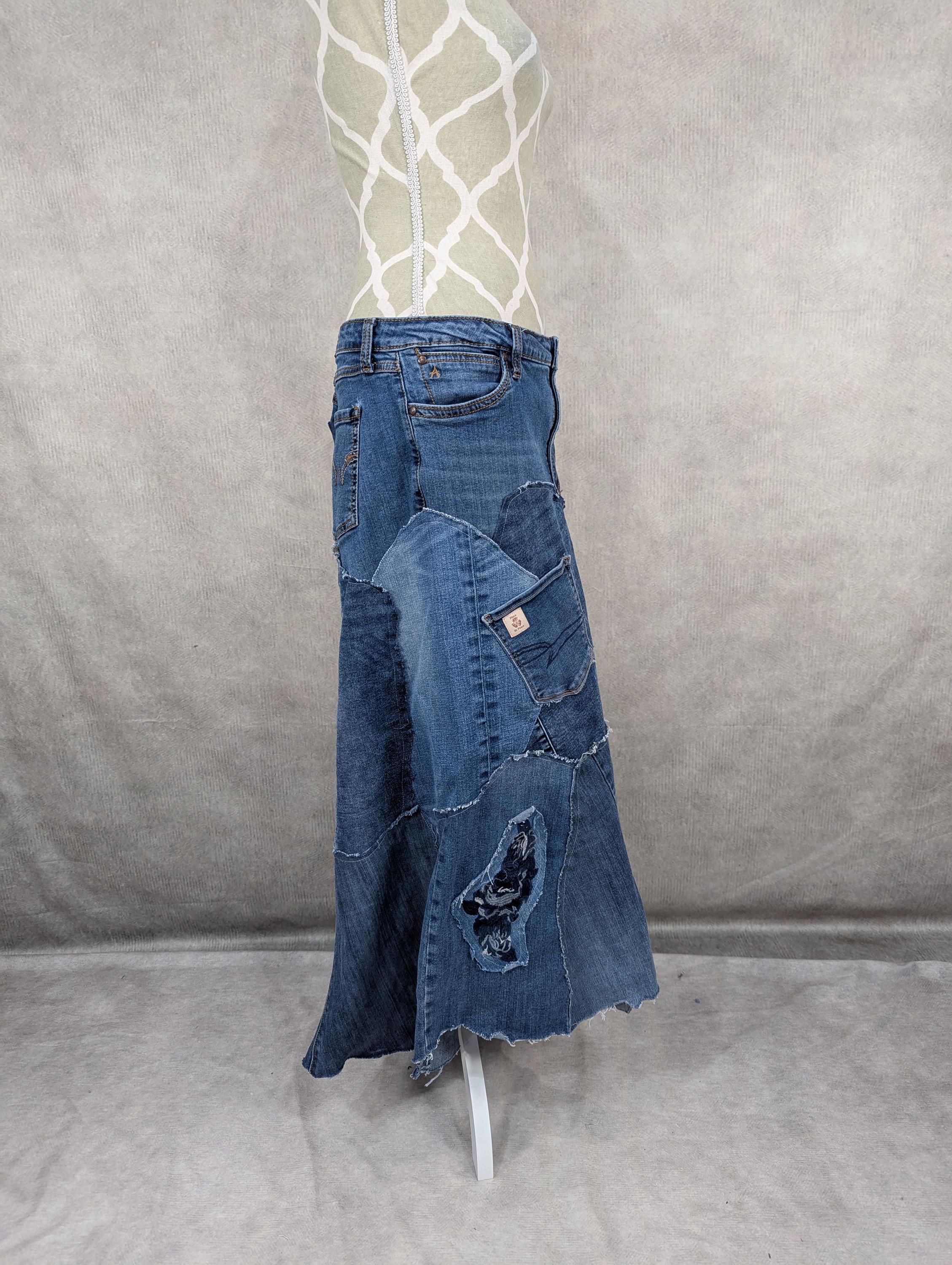 Upcycled Long Denim Patchwork Skirt-size 16 - Etsy