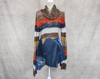 Upcycled Denim Patchwork Turtleneck Sweater-M/L
