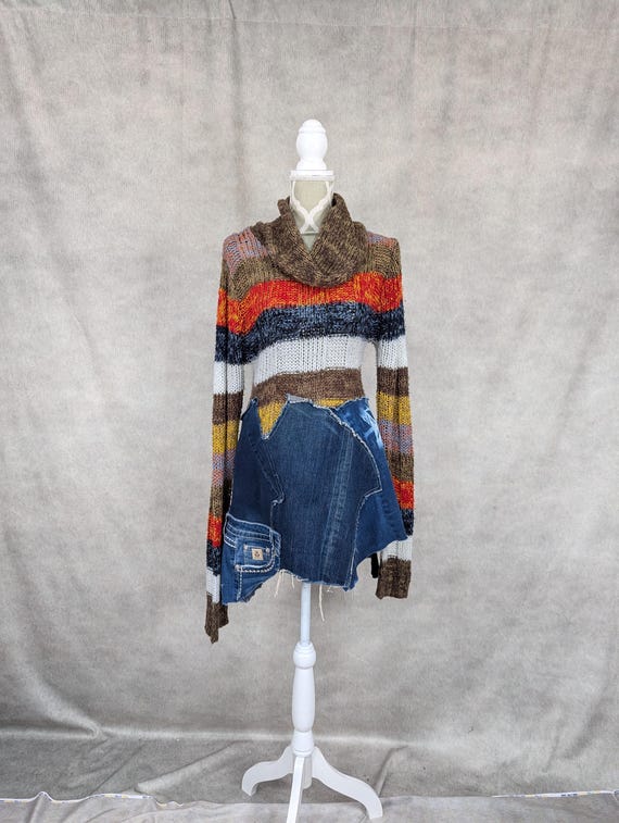 Upcycled Denim Patchwork Turtleneck Sweater-M/L