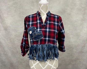 Upcycled Plaid Blouse With Frayed Fringe Denim Trim - S/M
