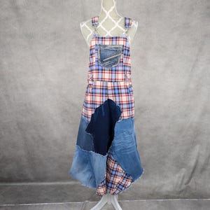 Robe salopette en denim recyclé et patchwork à carreaux - M/L