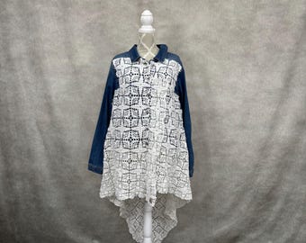 Plus Size Upcycled Denim and Crochet Jacket-2X