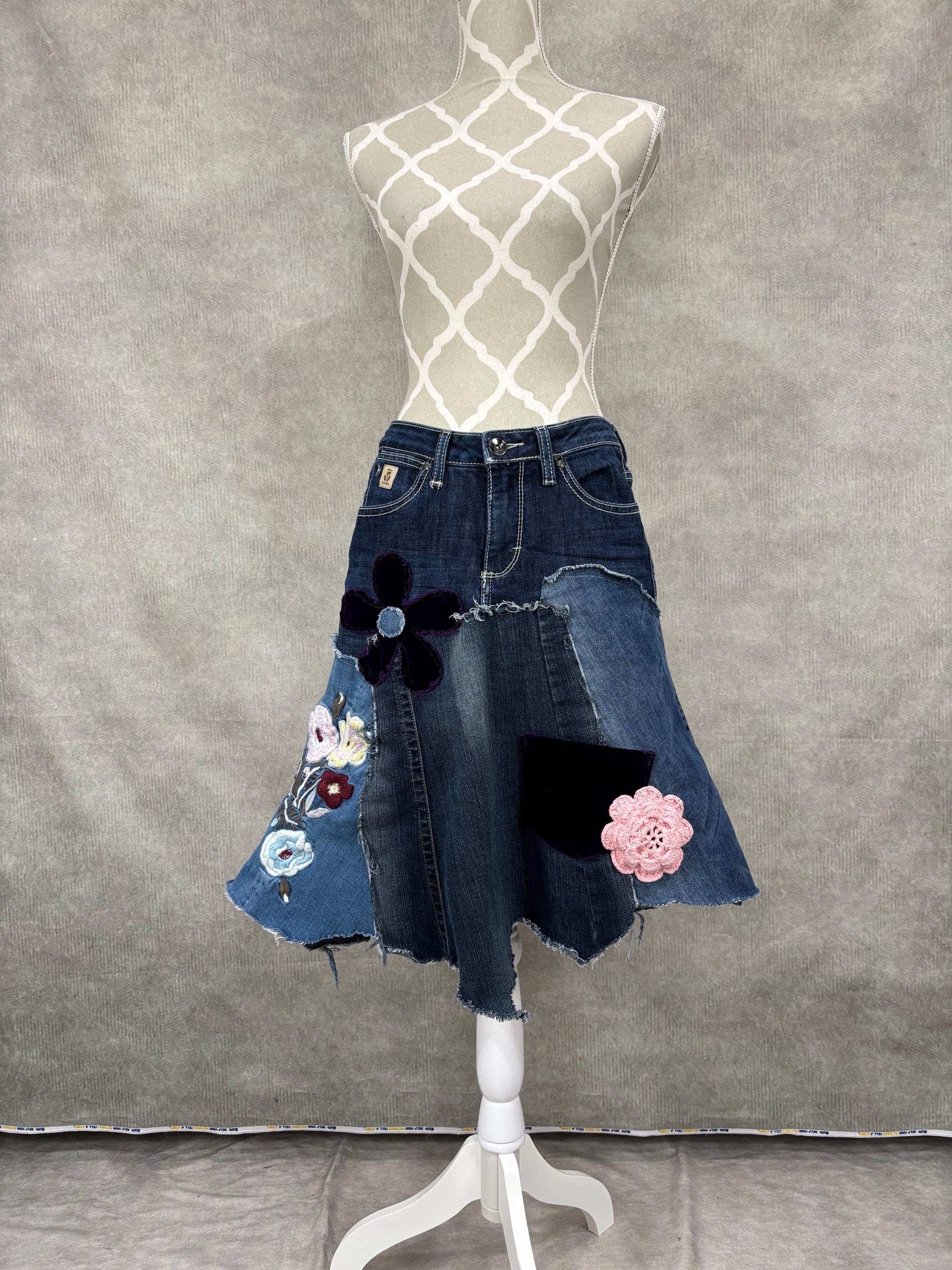 Upcycled Denim Patchwork Skirt -size 6 - Etsy UK