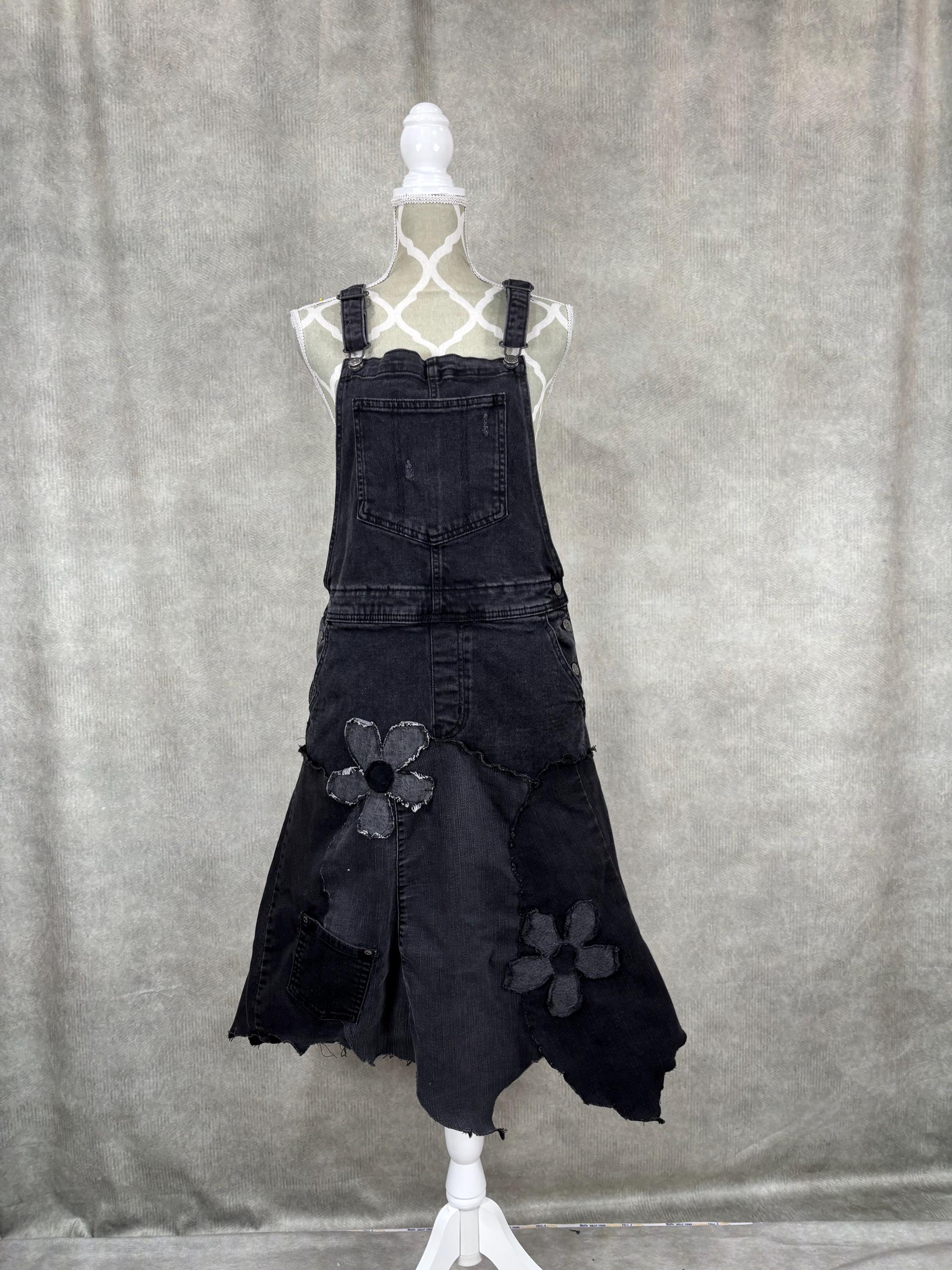 Upcycled Black Denim Patchwork Overall Dress- Size 10