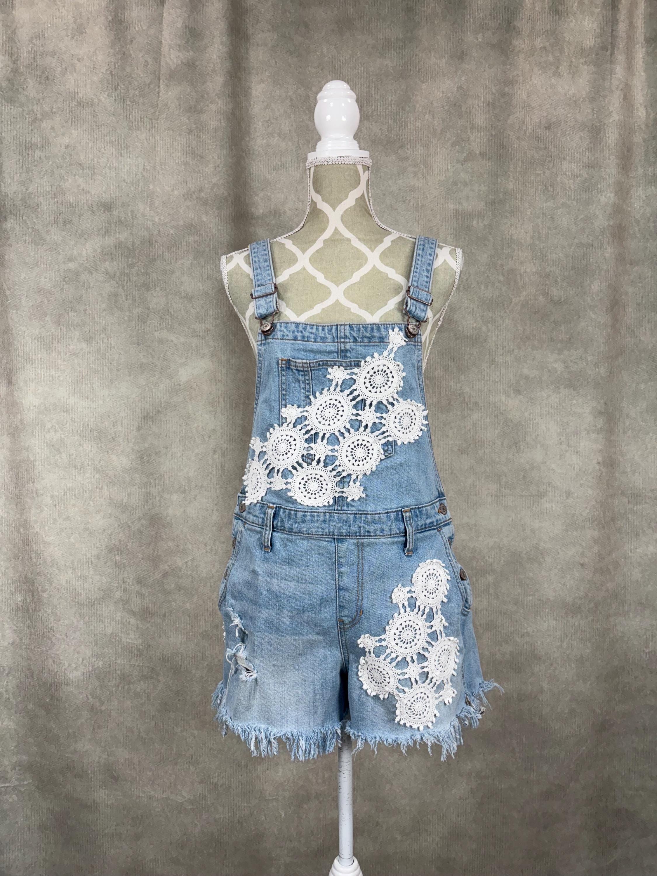 Upcycled Lacey Denim Overall Shorts - Medium - Etsy