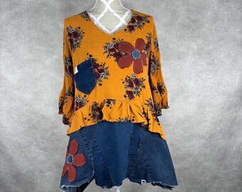 Upcycled Long Floral Blouse - Large