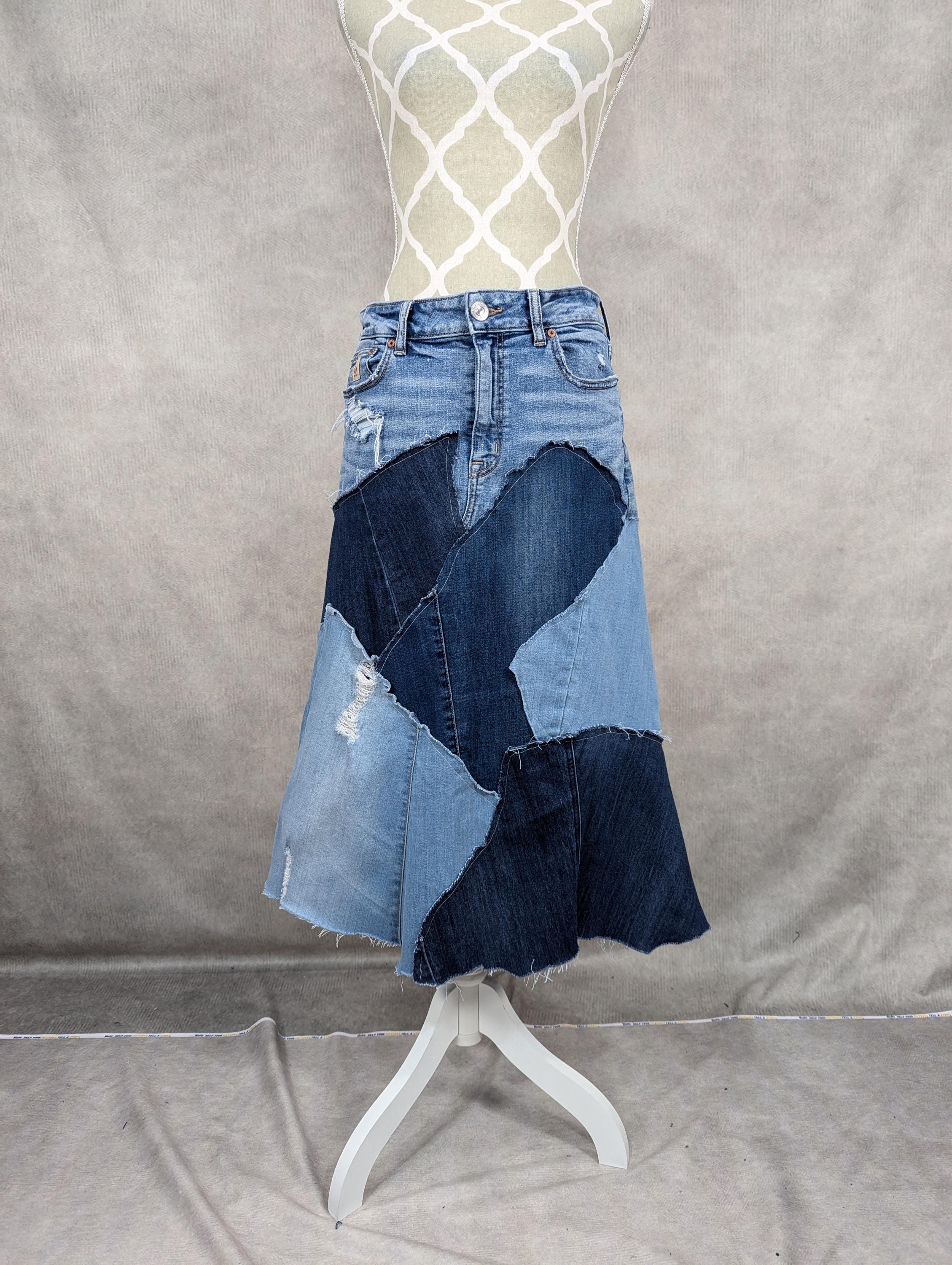 リメイクデニムジャンパースカート ロングupcycled denim skirt Upcycled Long Denim Patchwork Skirt - Size 8/10 - Etsy