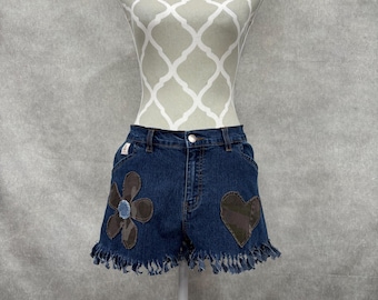 Upcycled Fringe Hem Denim Shorts -Size 8