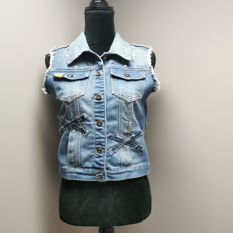 Upcycled Skull Denim Vest Large