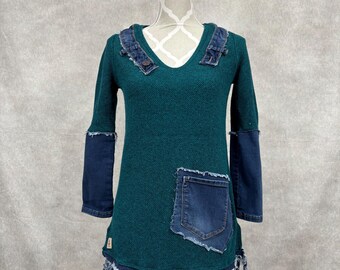 Upcycled Sweater with Denim - Medium