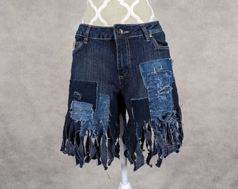Upcycled Women's Fringe Hem Denim Shorts - Size 8