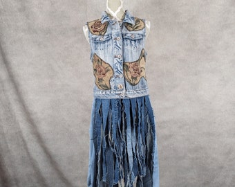 Upcycled Long Denim Vest With Frayed Fringe Hem. S/M