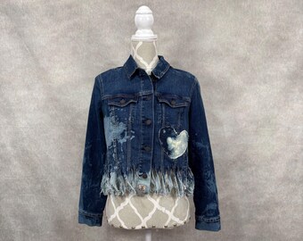 Upcycled Frayed Fringe Hem Denim Jacket- Medium
