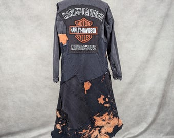 Upcycled Long Denim Harley Davidson Trench Coat- L/XL