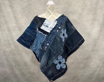 Upcycled Denim Patchwork Poncho -L/XL