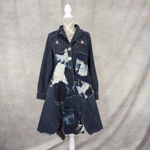 Upcycled Long Denim Patchwork Jean Jacket/Trench- M/L