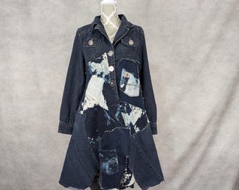 Upcycled Long Denim Patchwork Jean Jacket/Trench- M/L