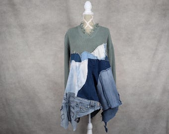 Upcycled Denim Patchwork Sweater/Dress -XL