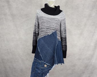 Upcycled Denim Patchwork Turtleneck Sweater-M