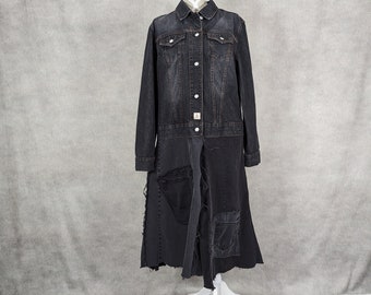 Upcycled Long Black Denim Jacket - XL