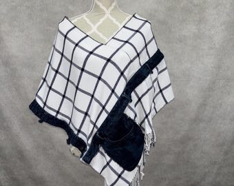 Upcycled Plaid and Denim Poncho- O/S