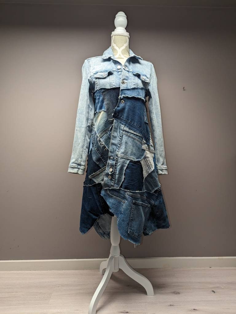 Upcycled Long Denim Patchwork Jacket - Small