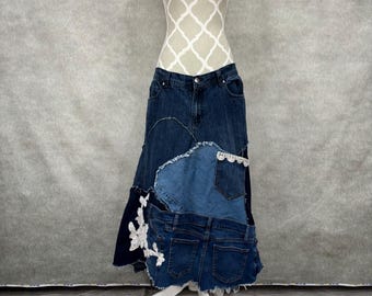 Upcycled Denim Patchwork Skirt-Size 36.