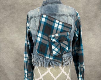 Upcycled Denim Vest With Plaid Sleeves and Frayed Fringe Hem - M/L