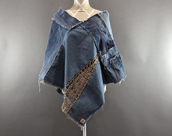 Upcycled Denim Patchwork Poncho - S-L