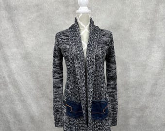 Upcycled Long Cardigan With Denim Patchwork- Medium