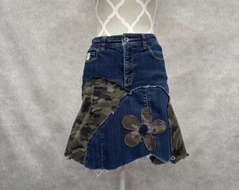 Upcycled Denim and Camouflage Patchwork Skirt -Size 6