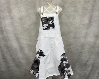 Upcycled White Denim And Camo Patchwork Overall Dress - Large