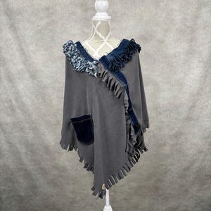 Upcycled Micro Fleece Poncho With Denim Trim-O/S