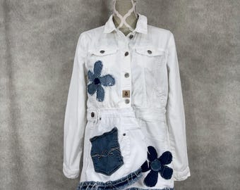 Upcycled Longer White Denim Jacket - Medium