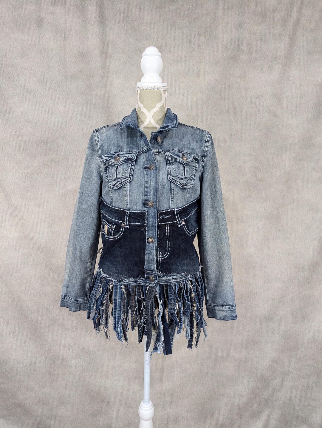Upcycled Denim Fringe Hem Jacket - Medium - Etsy