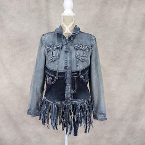 Upcycled Denim Fringe Hem Jacket - Medium