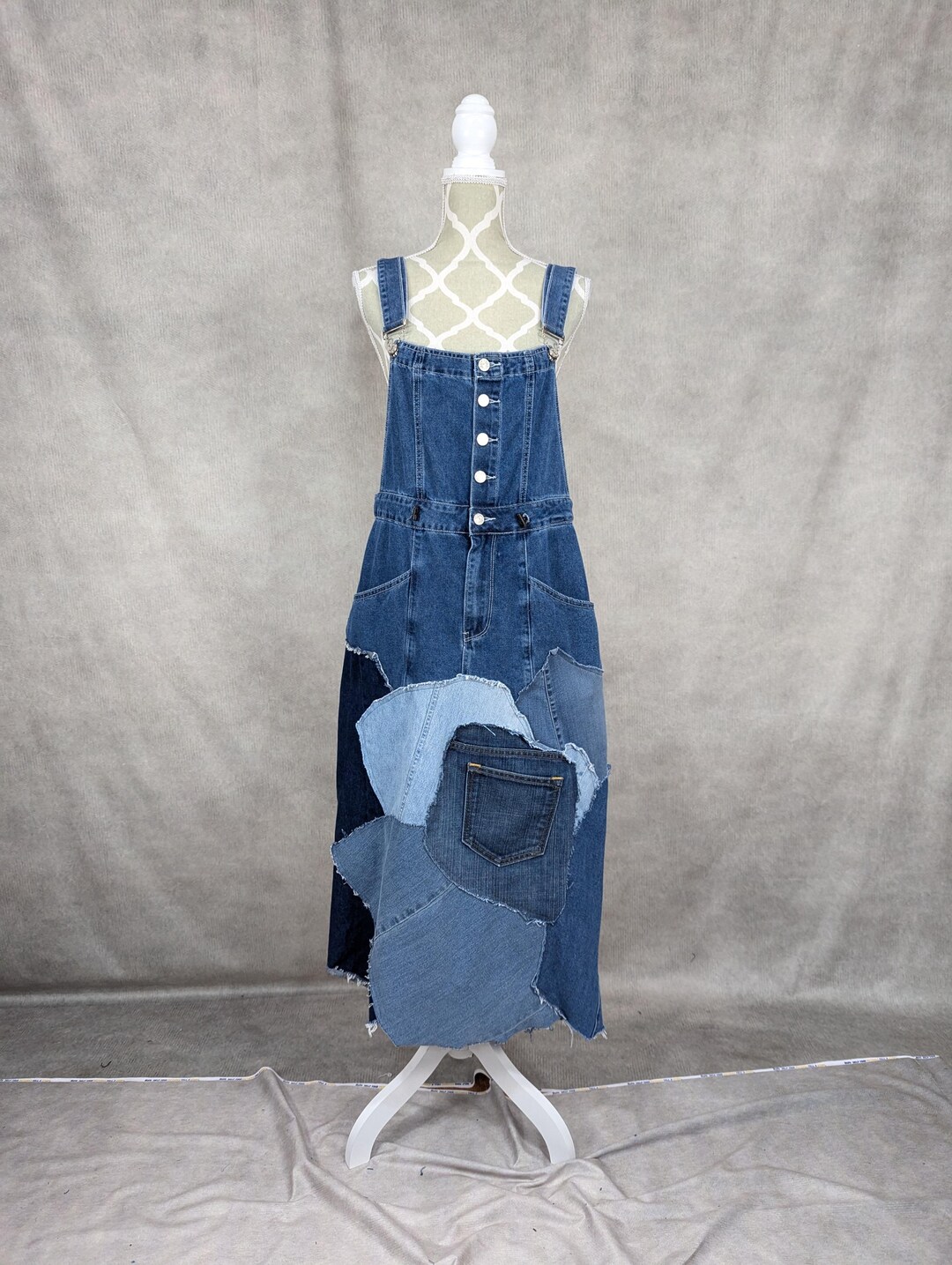 POL Lace Patchwork Detail Denim Overall Dress
