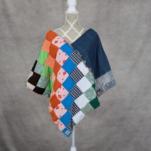Upcycled Quilted and Denim Patchwork Poncho- O/S