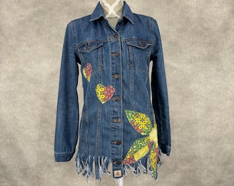 Upcycled Longer Fringe Hem Denim Jacket - Small