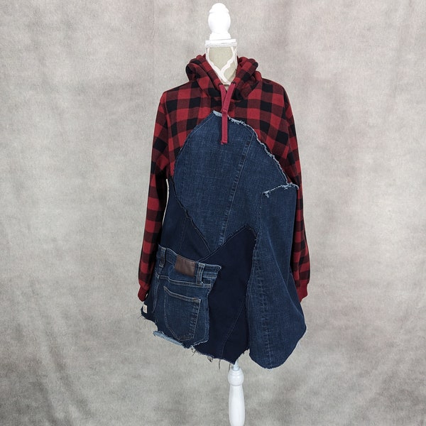 Upcycled Buffalo Plaid and Denim Patchwork Fleece Hoodie - XL