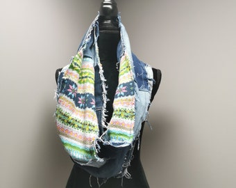 Upcycled Reversable Denim Patchwork Infinity Scarf