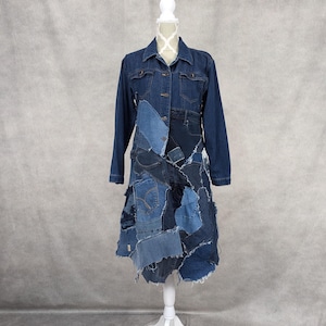 Upcycled Long Denim Patchwork Jacket - Small