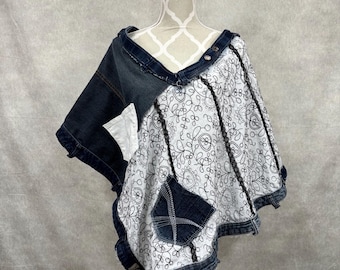 Upcycled Denim Poncho - O/S