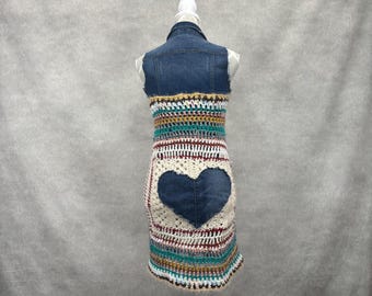 Upcycled Long Denim and Vintage Crochet Vest-Small
