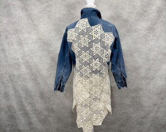 Upcycled Denim and Vintage Crochet Jacket - Large
