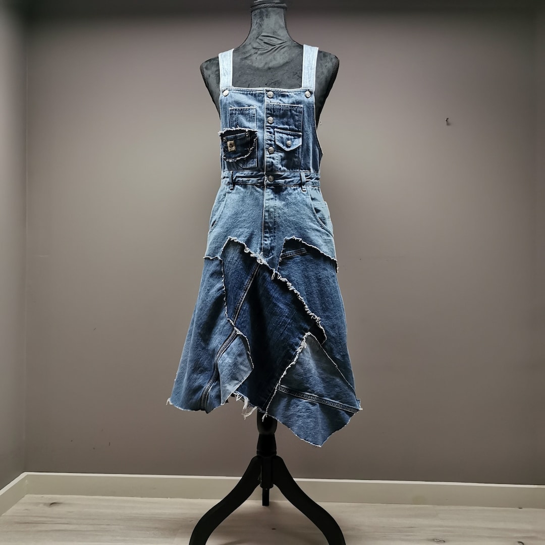 POL Lace Patchwork Detail Denim Overall Dress