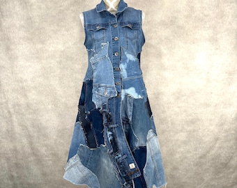 Upcycled Long Denim Patchwork Vest - Medium