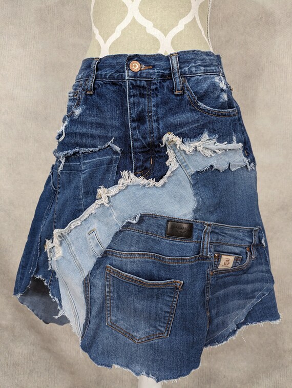 Upcycled Denim Patchwork Skirt - Size 8 - Etsy Canada