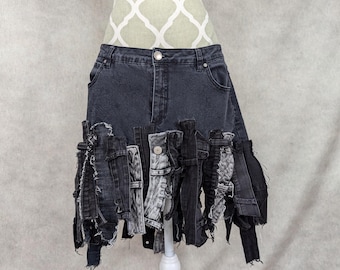 Upcycled Simon Chang Black Denim Fringe Hem Skirt- Size 14