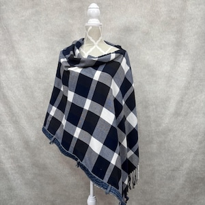 Upcycled Plaid Poncho With Denim Trim-O/S